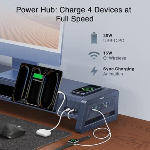 Vaydeer All-in-One Dual Monitor Stand Riser with 2 Drawers, 8USB Ports and Wireless Charging Pad with LED Light Strip for 2 Monitors , Desk Organizer for PC, iMac (Metal, 39.3 inches) 9