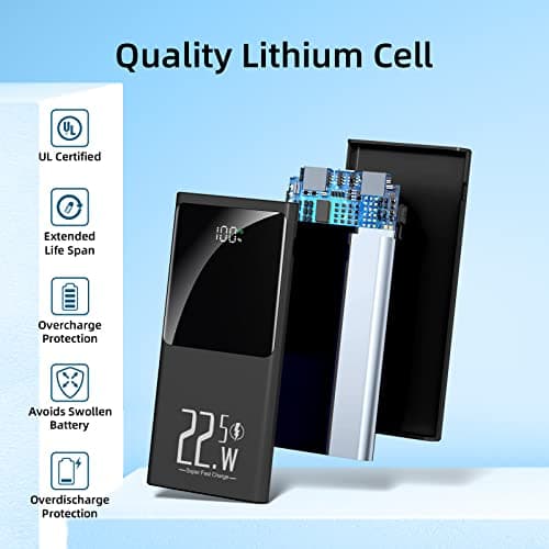 JONKUU Portable Charger 10000mAh, Power Bank 22.5W Fast Charge, Slim Battery Backup with USB C in/Out, LCD Display External Battery Pack for iPhone 16 15 14 13 12, Samsung, Google, Android etc 5