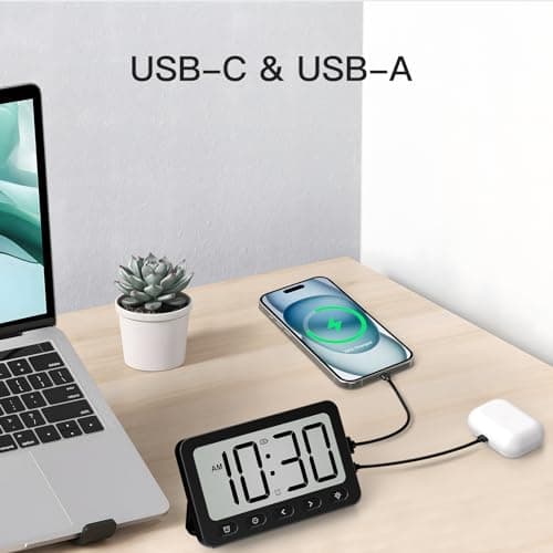 ANJANK Digital Travel Alarm Clock, Equipped with 6000mAh for MagSafe Battery Pack, Portable Magnetic Power Bank, Wireless Charger for iPhone 16/15/14, USB-C & USB-A Charging, Foldable Clock, Backlight 5