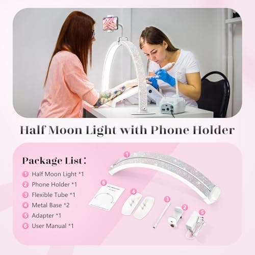 Yokilly Half Moon Light for Nail Desk: 29" Foldable Half Moon Desk Lamp with Phone Holder for Beginner - Arch Nail Tech Light with 3 Color Modes & 10 Brightness for Manicure Salon (Diamond, Large) 7