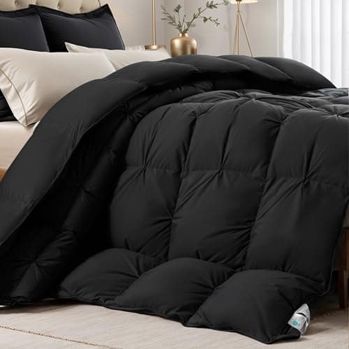 KAKABELL Pinch Pleat Goose Down Feather Fiber Comforter Full/Queen Size, Breathable Fluffy Black Duvet Insert with Cotton Fabric, 750+Fill Power All Season Hotel-Quality Bed Comforter 90" x 90"