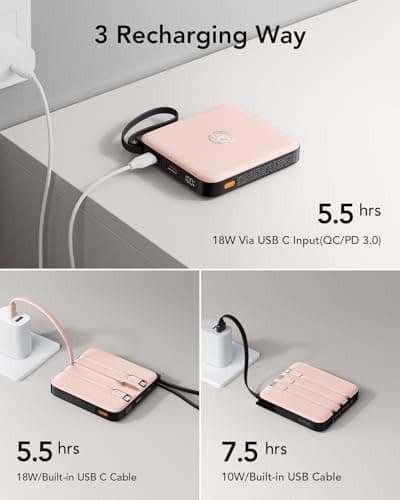 VRURC 20000mAh Power Bank Built-in Cables, Travel Essentials, Portable Charger 22.5W Fast Charging USB C Battery Pack, Phone Battery for iPhone 17 15 14 13 12 11 x Samsung Android Phone,Pink(1 Pack) 7