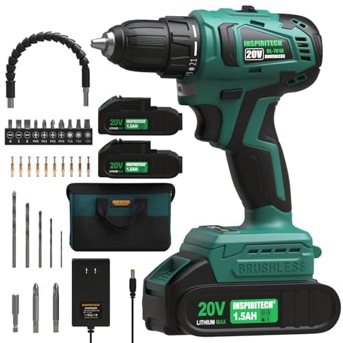 INSPIRITECH 20V Cordless Brushless Power Drill Set with 2 Batteries and Charger,3/8-Inch Chuck Electric Drill-Driver,22 Torque Setting,Drilling/Driver Bits and Tool Bag Included