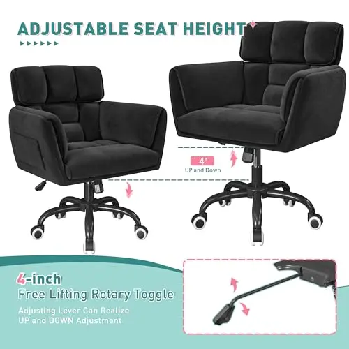 DurayLoly Home Office Chair with Wheels Soft-Touch Material,Modern Cute Vanity Chair with Back Adjustable Height Upholstered Comfy Desk Chairs with Side Pockets for Bedroom,Black 7