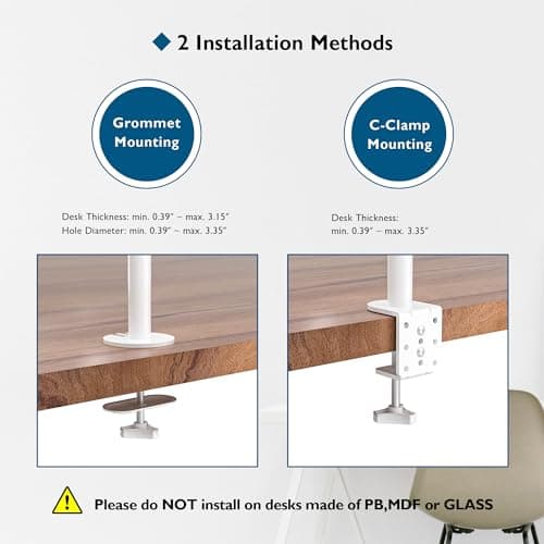 BONTEC Dual Monitor Desk Mount, Full Motion Adjustable White Monitor Stand for 13–27 Inch Screens, Heavy Duty Arms Hold 22 lbs Each, VESA 75x75/100x100, C Clamp and Grommet Base, Cable Management 8