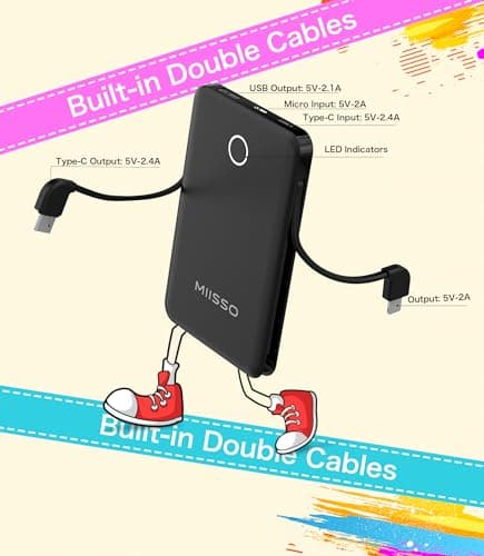 6000mah Ultra Slim Built in Cables Power Bank, Card Size Built in USB C Cords Battery Pack Portable Charger for phones, 3 Output External Battery Pack Compatible with iPhone, Samsung and Heated Vest 8