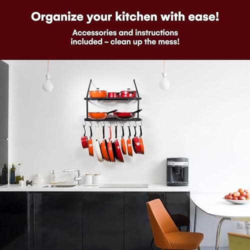 Vdomus Hanging Pot and Pan Organizer - Rustproof Wall Mounted Rack for Kitchen Storage - Durable, Thick Iron Material - 2-Tier Shelf with 10 Hooks for Utensils - Wall Mounted Black Pot Rack 6