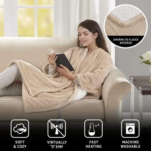 Beautyrest Wearable Electric Poncho Wrap Blanket, Ultra Soft Sherpa & Berber Fleece Heated Throw with Low EMF, UL Certified & OEKO-TEX, 3 Heat Settings & 2 Hour Auto Shutoff, Gift-Ready, 50"x64",Tan 3