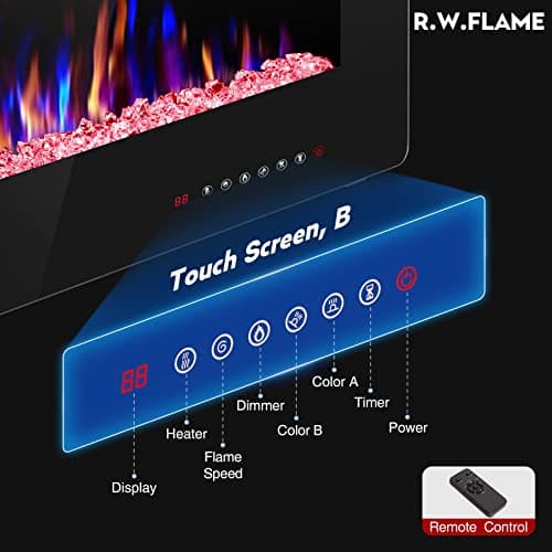 R.W.FLAME 42IN Recessed and Wall Mounted, The Thinnest Fireplace, Low Noise, Fit for 2 x 6 and 2 x 4 Stud, Remote Control with Timer, Touch Screen, Adjustable Flame Color and Speed 6