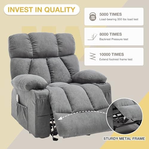 Massage Recliner Chair, Overstuffed Rocker Lazy Boy Chairs with Vibration&Gently Heat,Fabric Ergonomic Manual Nursery Chair for Living Room with Side Pocket, 2 Cup Holders&USB Charge Port, Grey 5