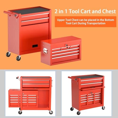 DUSACOM 8-Drawer High Capacity Rolling Tool Chest, Removable Cabinet Storage Tool Box with Wheels and Drawers, Detachable Toolbox with Lock for Workshop Mechanics Garage (8-Drawer, Red) 5