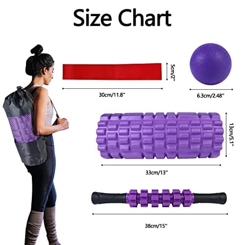 JOYENERGY 5 in 1 Foam Roller Set Trigger Point Foam Roller Patented, Massage Roller Stick, Massage Ball, Stretching Strap for Deep Muscle Massage Pilates Yoga, Fitness Exercise for Whole Body (Purple) 6