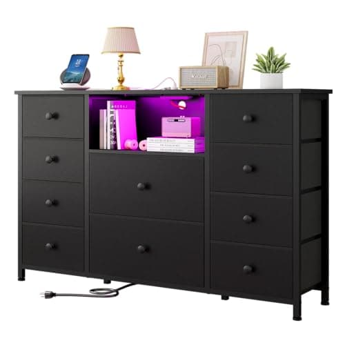 NONGSHIM Dresser with Charging Station and LED Lights, Long Dressers for Bedroom Dresser TV Stand with 10 Drawers, Fabric Chest of Drawers with PU Finish, Wide Dressers Storage Organizer, Black