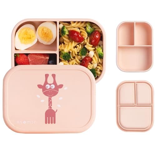 ASOMIC Silicone Bento Lunch Box for Toddlers & Kids, Leakproof & BPA-Free, 3 Compartments, Microwave & Dishwasher Safe, Ideal for Daycare, Preschool & Baby Meals (Blush)