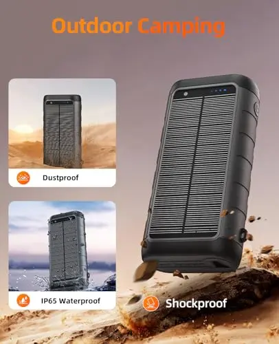 Solar Charger, 59800mAh Portable Power Bank for All Phones, Outdoor Waterproof Battery Pack Built in Hand Crank, 15W Wireless Charger 6 Outputs & 3 Inputs/LED Flashlights, Perfect for Camping Travel 7