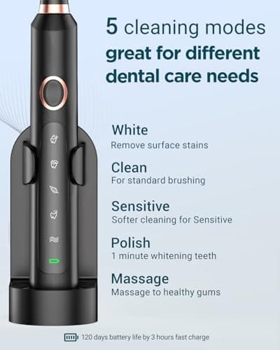 Sonic Electric Toothbrush for Adults - Rechargeable Electric Toothbrush with 8 Brush Heads & Travel Case,Teeth Whitening, Power Electric Toothbrush with Holder, 3Hours Charge for 120 Days - Black 5