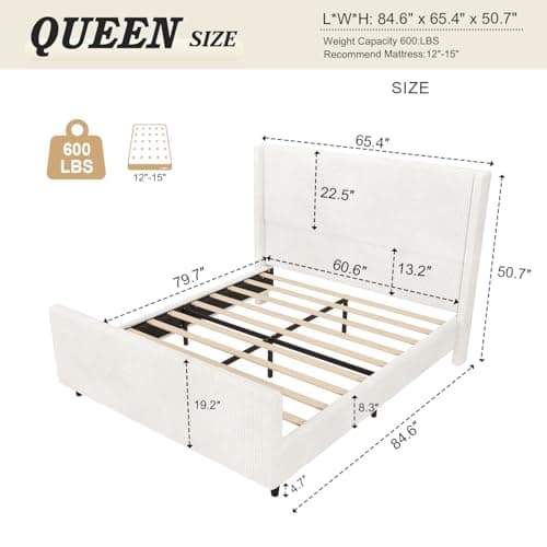 Nonlita Queen Size Corduroy Upholstered Platform Bed Frame with Tufted Headboard and Footboard, No Box Spring Required, Easy to Assemble (Cream, Queen) 2