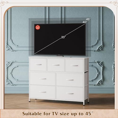 WLIVE 7 Drawer Dresser TV Stand, Dressers for Bedroom, Fabric Storage Tower, Hallway, Entryway, Closets, Sturdy Steel Frame, Wood Top, Easy Pull Handle, White 6