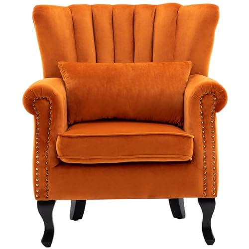 chairus Mid-Century Modern Accent Chair, Comfy Single Sofa Chair Channel Back Armchair with Small Pillow for Living Roon Bedroom Club - Velvet, Orange