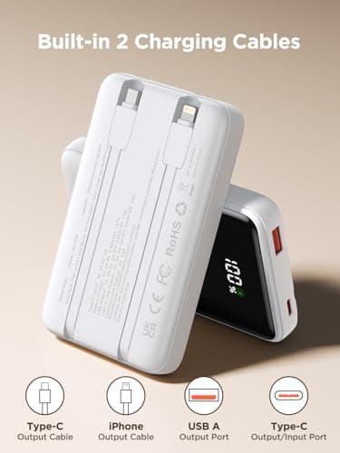 Aioneus Portable Charger, 10000mAh Power Bank 22.5W Fast Charging Portable Charger with Built in Cable Battery Pack USB C Travel Charger for iPhone11 12 13 14 15 16 Samsung GalaxyS24 S23 Android(1 Pk) 5