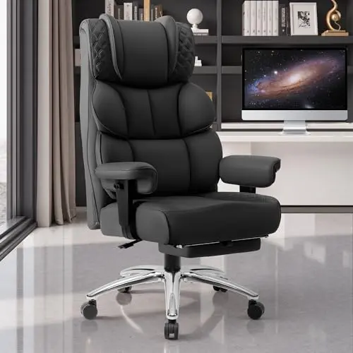 BestGlory Office Desk Chair, Big and Tall Leather Gaming Chair with Footrest, Wide Ergonomic Comfy Executive High-Back Reclining Computer Chairs, Swivel Rolling Wheels and Padded Lumbar Support, Black