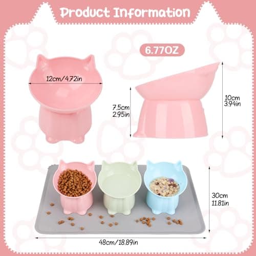 3 Pcs Elevated Cat Bowls 15°Raised Cat Food Bowl with Silicone Mat Whisker Friendly Anti Vomiting Cats Dishes Pet Food and Water Bowls for Indoor Cats Kittens 6