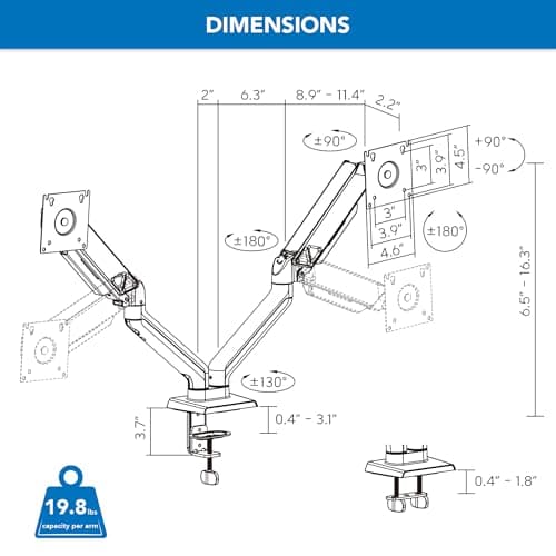 Mount-It! Full Motion Dual Monitor Mount with Spring Arms, 17" to 32", Full Motion Monitor Arm with Tilt, Rotation, Swivel, Height Adjustment, Clamp or Grommet, Fits VESA 75x75 and 100x100 - Black 7