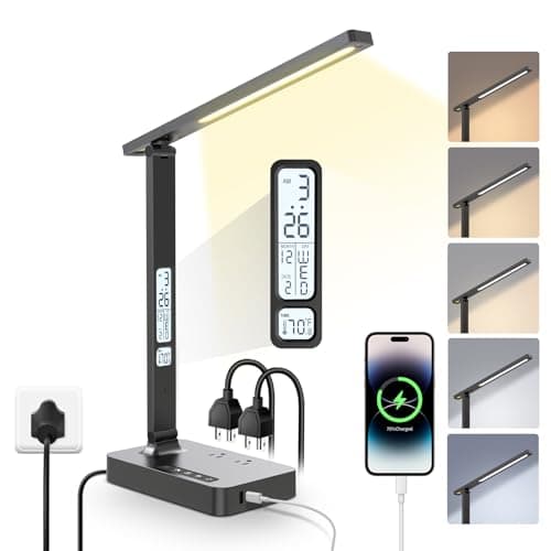 Power Strip with LED Desk Lamp: Table Lamp with Charging Station - 2 Outlets 1 USB-A Ports 1 Type-C Ports, Surge Protection and Led Display, 5ft Extension Cord, 5 Color Modes 5 Brightness