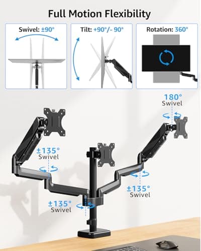 MOUNTUP Triple Monitor Mount, Triple Monitor Desk Mount for Max 27 inch Computer Screens, 3 Monitors Stand for Desk, Monitors Arm with Swivel, Tilt, Rotation, Each Arm Holds 4.4-19.8 lbs 5
