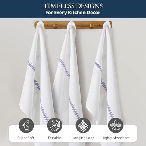 LANE LINEN Kitchen Towels, 6 Pack 14"x25" Dish Drying Towels, 100% Cotton Tea Towel with Hanging Loop, Reusable Napkin, Durable After Multiple Washes, Soft & Absorbent - Blue Stripe 7