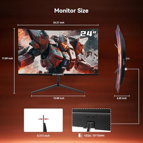 Raywego 24 inch Curved Gaming Monitor 200Hz/180Hz 1ms,FHD 1920×1080P,4000:1 Contrast Ratio,with FreeSync & Eye-Care, Support DP, HDMI,USB,3.5mm Port for Gaming Home Office,Wall Mount Install 8