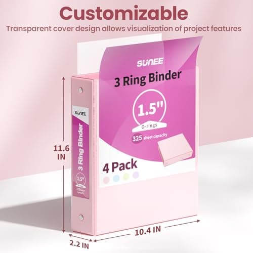 SUNEE 1.5 Inch Binders 3 Ring 4 Pack, Clear View 1 1/2 Inch Binders Three Ring PVC-Free (Fit 8.5x11 Inches) for School or Office Supplies, Assorted Pastel 7