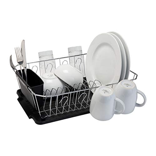 Kitchen Details 3 Piece Dish Rack | Drying Rack, Cutlery Basket & Drainboard Tray | Countertop | Self Draining | Open Wire Design | Chrome | Black 7