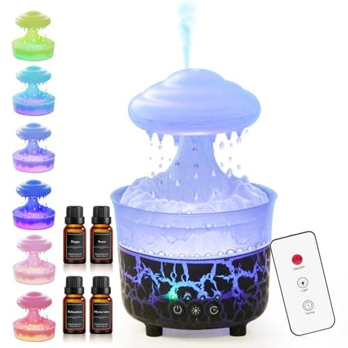 BOHOFAM Aroma Essential Oil Diffuser,Rain Cloud humidifier Simultaneously Water Drip and Air Mist,Rain Diffuser with 4 Hotel Collection Essential Oils for Home,Bedroom,Colorful Light(Black)