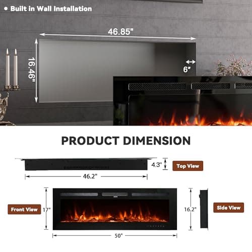 50 Inch Electric Fireplace Wall Mounted and Recessed LED Fireplace with Remote Control 8h Timer, 12 Flames,Touch Screen, in-Wall Fireplace Heater with Log & Crystal Hearth for Living Room 5