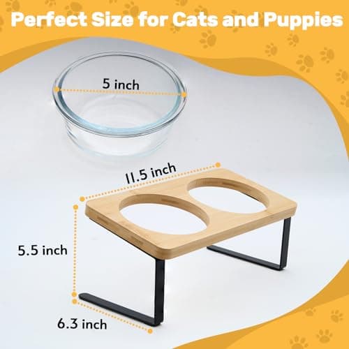 Lawfery Elevated Cat Bowls, 15° Tilted Cat Food Bowl, Includes 2 Glass Bowls, Bamboo Board, and Metal Stand for Cats and Puppies 6