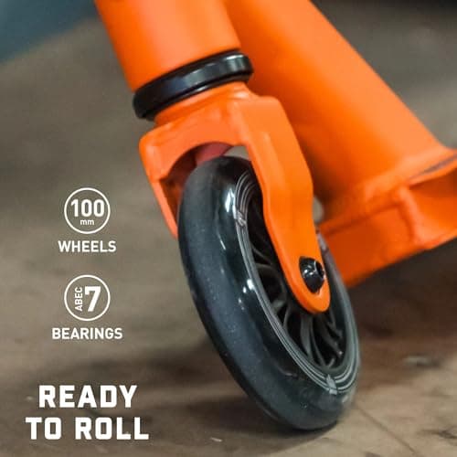 Mongoose Rise 100 Freestyle Stunt Trick Scooter, Lightweight Alloy Deck & Heavy-Duty Frame Up to 220 lbs., Bike-Style Grip, High Impact 100mm Wheels, Orange/Blue 5