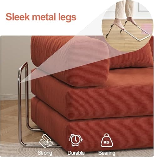 5-in-1 Folding Convertible Sofa Bed, Loveseat Sleeper with Pull-Out Bed, Floor Sofa Modular Futon Couch, 79" Oversized Corduroy Upholstered Boneless Couch for Living Room, Bedroom, Lounge, Orange 8