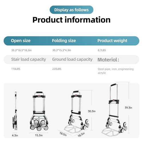 RJTEK 【Upgraded Version】 Stair Climber Hand Truck and Dolly, 220 Lb Capacity Stair Climbing cart Heavy-Duty Trolley Cart Heavy-Duty Luggage cart Stair Dolly Lightweight with Telescoping Handle 9