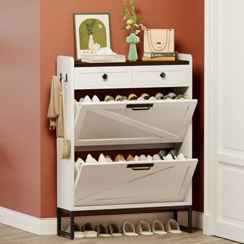 YGEOMER Hidden Shoe Cabinet Storage for Entryway, Farmhouse Slim Shoes Organizer Rack with 2 Flip Drawers and 2 Fabric Drawers, Narrow Shoe Cabinet for Door Entrance