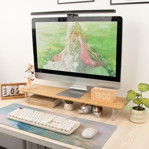 ROCDEER Bamboo Monitor Stand Riser with Acrylic Legs for Desk, 31.5 Inches Desktop Shelf Supports for PC Computer Monitor, Laptops, Printer, Speakers (Natural) 8