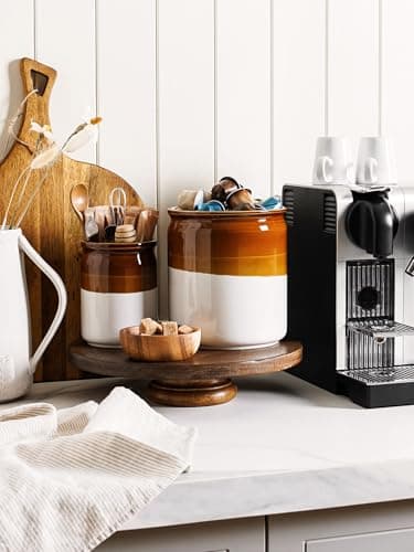 LE TAUCI Kitchen Utensil Holder, 7.2" & 5.4" Ceramic Utensil Crock for Countertop, Large Heavy Weighted Spatula Organizer, Rustic Farmhouse Decor, Vintage Two-Tone Glaze, Set of 2, Brown & White 5