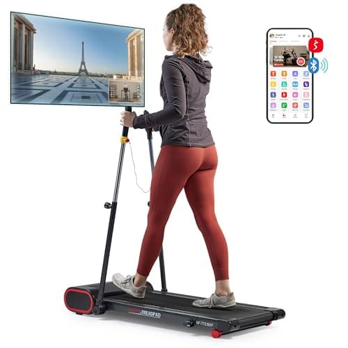 Sunny Health & Fitness Smart Slim Treadmill, Under Desk/Office, Walking Pad with Arm Exerciser Trekking Poles, Full Body Workout and Optional SunnyFit® App Enhanced Bluetooth Connectivity – SF-T723007