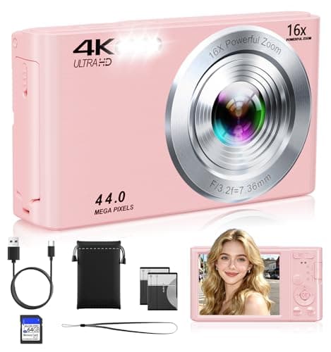 Digital Camera,Upgraded FHD 4K Pink Digital Camera for Teens Girls,Compact Digital Cameras with 64GB Memory Card,2 Batteries,Small Camera with 16X Autofocus Digital Zoom for Vlogging