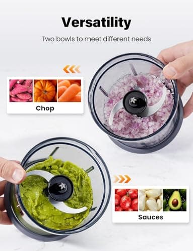 TWOMEOW Food Processor 4 Cup, Electric Food Chopper, 【Small but Powerful】Meat Grinder with 2 Bowls, 2 Speed & 4 Blades for Vegetable, Meat, Nuts, Functions for Chopping, Dicing, Mixing and Puree 5