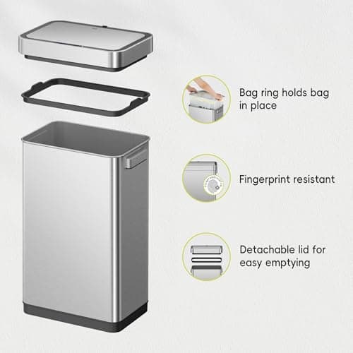 EKO Deluxe Mirage-T 50 Liter / 13.2 Gallon Touchless Rectangular Motion Sensor Trash Can, Matte Stainless Steel Finish 8