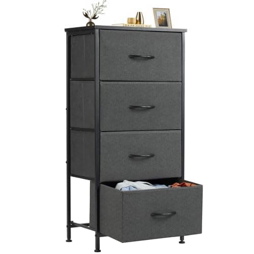 Sweetcrispy Nightstand Small Bedroom Dresser with 4 Fabric Drawers,Bed Side Furniture End Table, Wooden Top Cabinet Night Stand Dresser for Closet, Entryway, Dorm, Grey