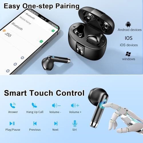 Wireless Earbuds, 2024 Bluetooth Headphones V5.3 Ear buds Built-in ENC Noise Cancelling Mics, 40H Stereo Bass Bluetooth Earbuds with Dual LED Display, IP7 Waterproof Earphones for Android iOS, Black 7