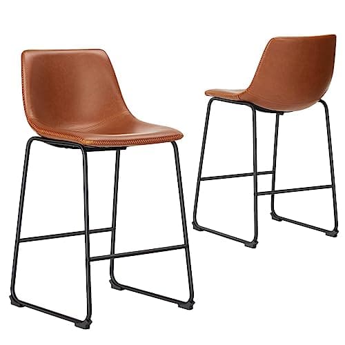 Sweetcrispy Counter Height Bar Stools Set of 2, 26 inch Height Stool Faux Leather Barstools with Back, Armless Kitchen Island Countertop Comfortable Modern Chairs with Metal Legs - Whiskey Brown