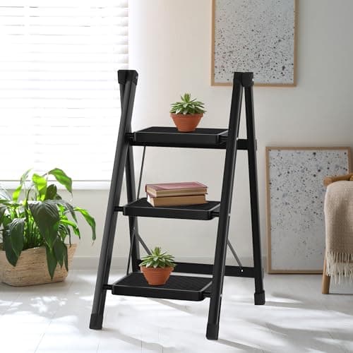 3 Step Folding Ladder, Heavy Duty 3 Step Foldable Ladder Step Stool for Adults with Wide Anti-Slip Pedal, 350LBS Sturdy Steel Ladder Kitchen Ladder Closet Step Stool Ladder Library Ladder, Black 9
